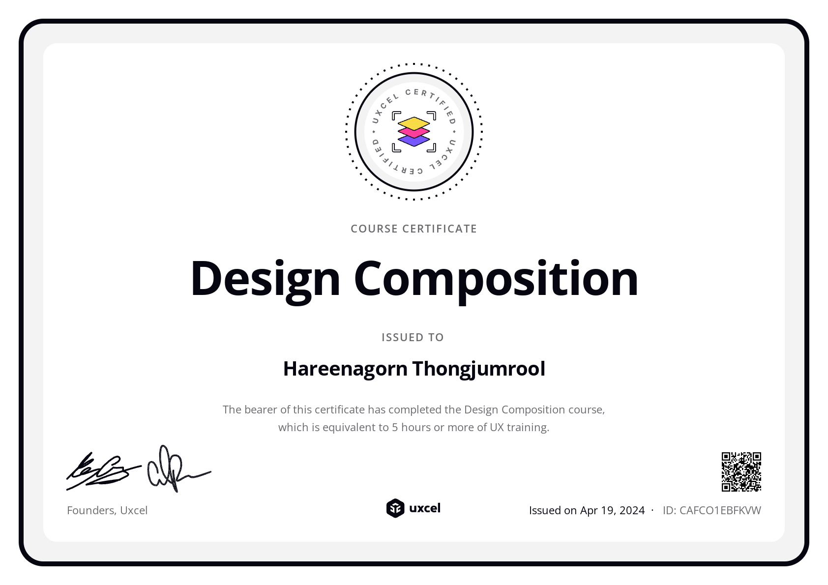 Hareenagorn Thongjumrool's certificate